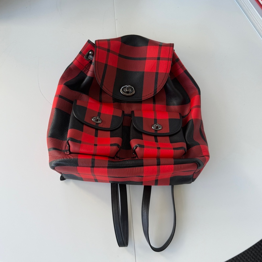 Coach Black and Red Buffalo Plaid Leather Backpack